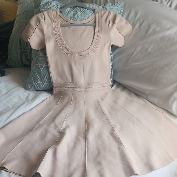 Sandro Paris Blush Pink Fit & Flare Knit Dress Short Sleeve A-Line - Picture 9 of 16